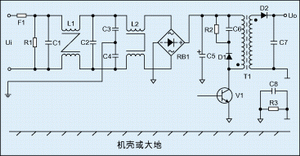 圖2：進(jìn)行過電磁兼容設(shè)計后的反激式開關(guān)電源電氣原理圖。