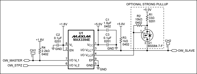 圖1. 1-Wire雙向電平(1.8V至5V)轉(zhuǎn)換器電路原理圖，注意，引腳I/O VL和I/O VCC具有10kΩ內(nèi)部上拉。
